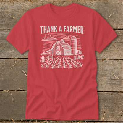 Red t-shirt with "THANK A FARMER" text and barn graphic.