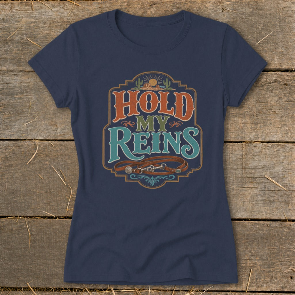 Navy t-shirt with "Hold My Reins" graphic and a horse bridle.