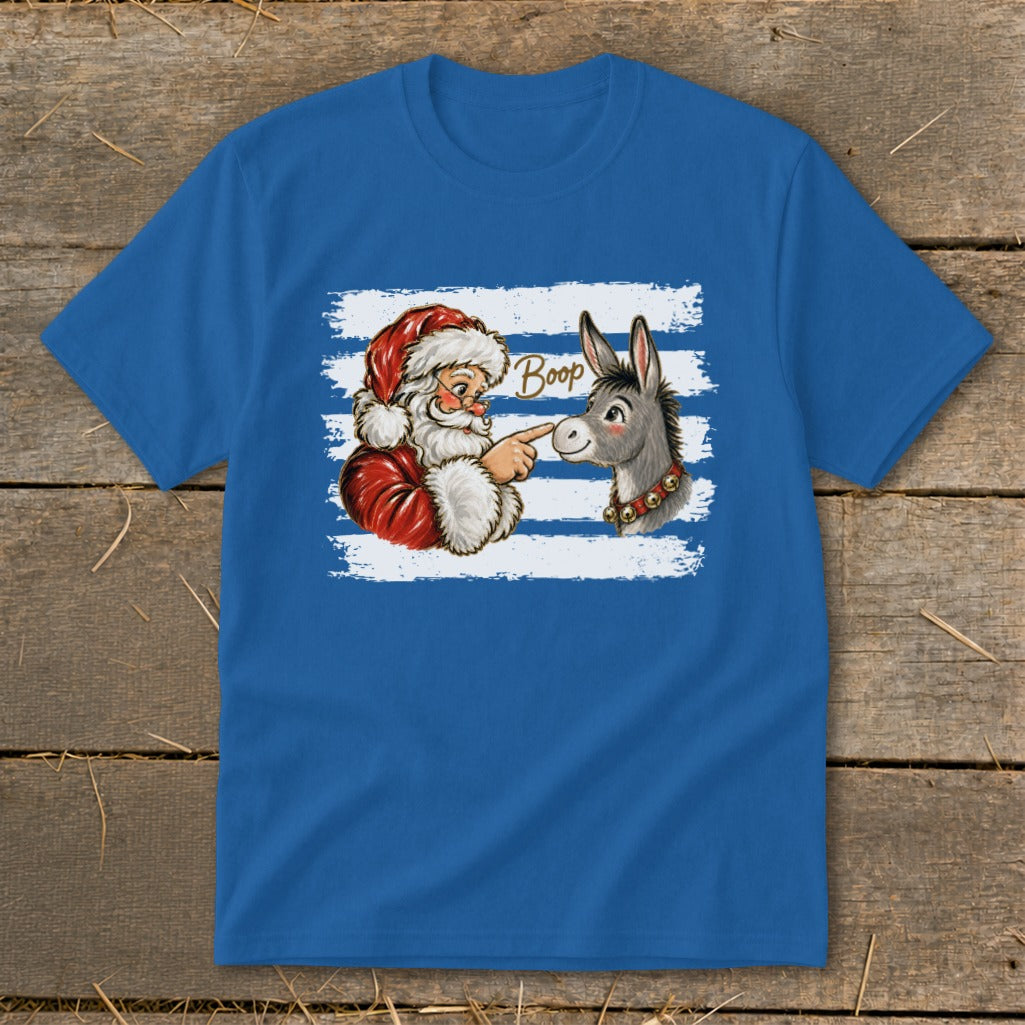 Santa booping a donkey with the word "Boop" on a blue striped shirt.