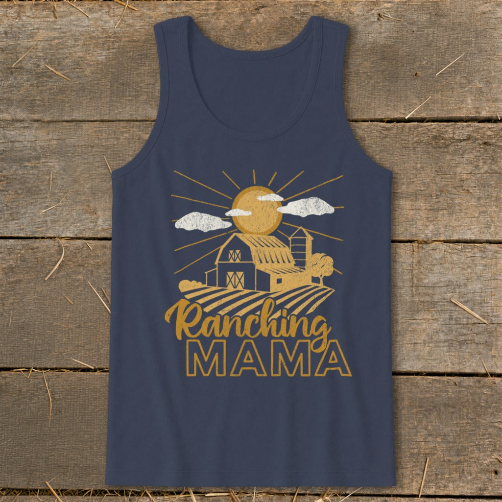 Navy tank top with barn graphic and text "Ranching Mama".