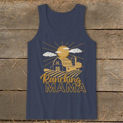 Navy tank top with barn graphic and text "Ranching Mama".