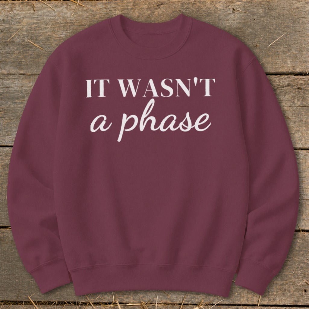 Maroon sweatshirt with white text "IT WASN'T a phase".