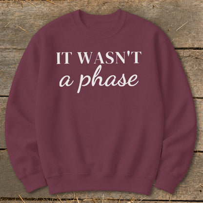 Maroon sweatshirt with white text "IT WASN'T a phase".