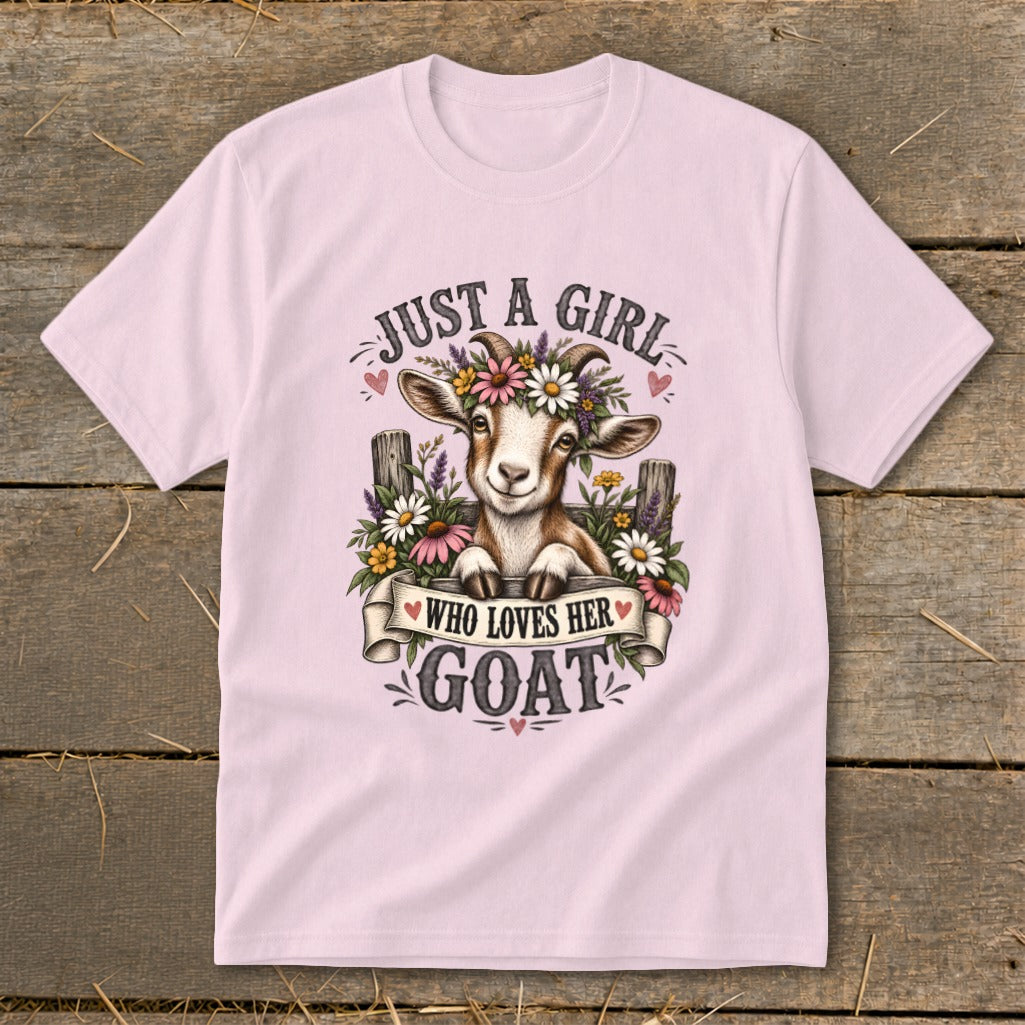Pink t-shirt with a goat wearing a flower crown and the text "Just a girl who loves her goat."