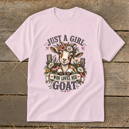 Pink t-shirt with a goat wearing a flower crown and the text "Just a girl who loves her goat."