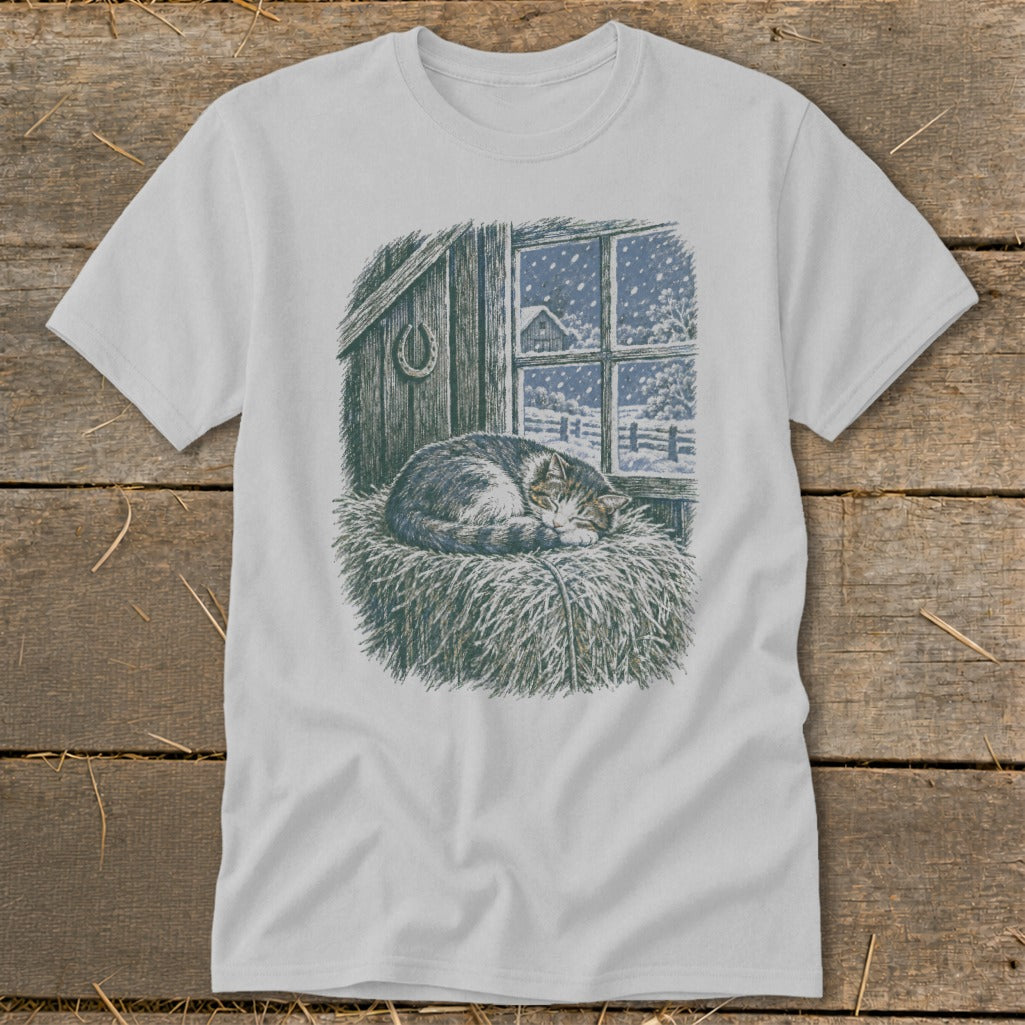 T-shirt with a sleeping cat on hay, looking out a window at a snowy scene.