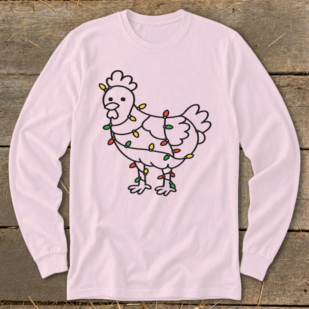Long-sleeve pink shirt with a black outline drawing of a chicken wrapped in colorful Christmas lights.