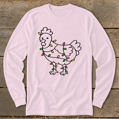 Long-sleeve pink shirt with a black outline drawing of a chicken wrapped in colorful Christmas lights.