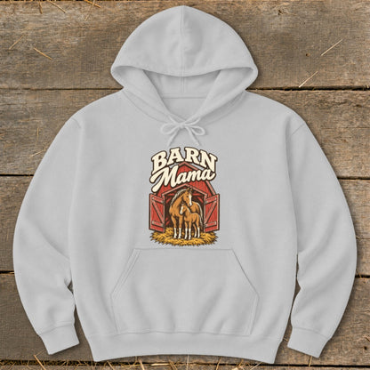 Light gray hoodie with "Barn Mama" text and horses in a barn graphic.