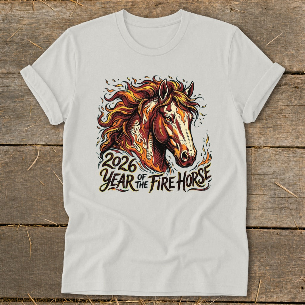 White t-shirt with colorful graphic of a horse head and "2026 Year of the Fire Horse" text.