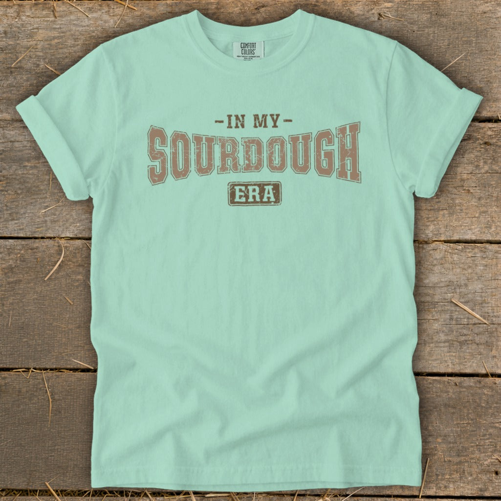 Mint green t-shirt with distressed "In My Sourdough Era" graphic.