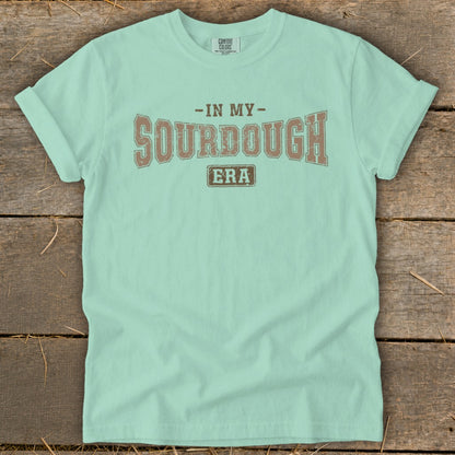 Mint green t-shirt with distressed "In My Sourdough Era" graphic.
