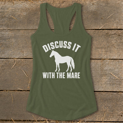 Green tank top with white text and horse graphic reading "DISCUSS IT WITH THE MARE".
