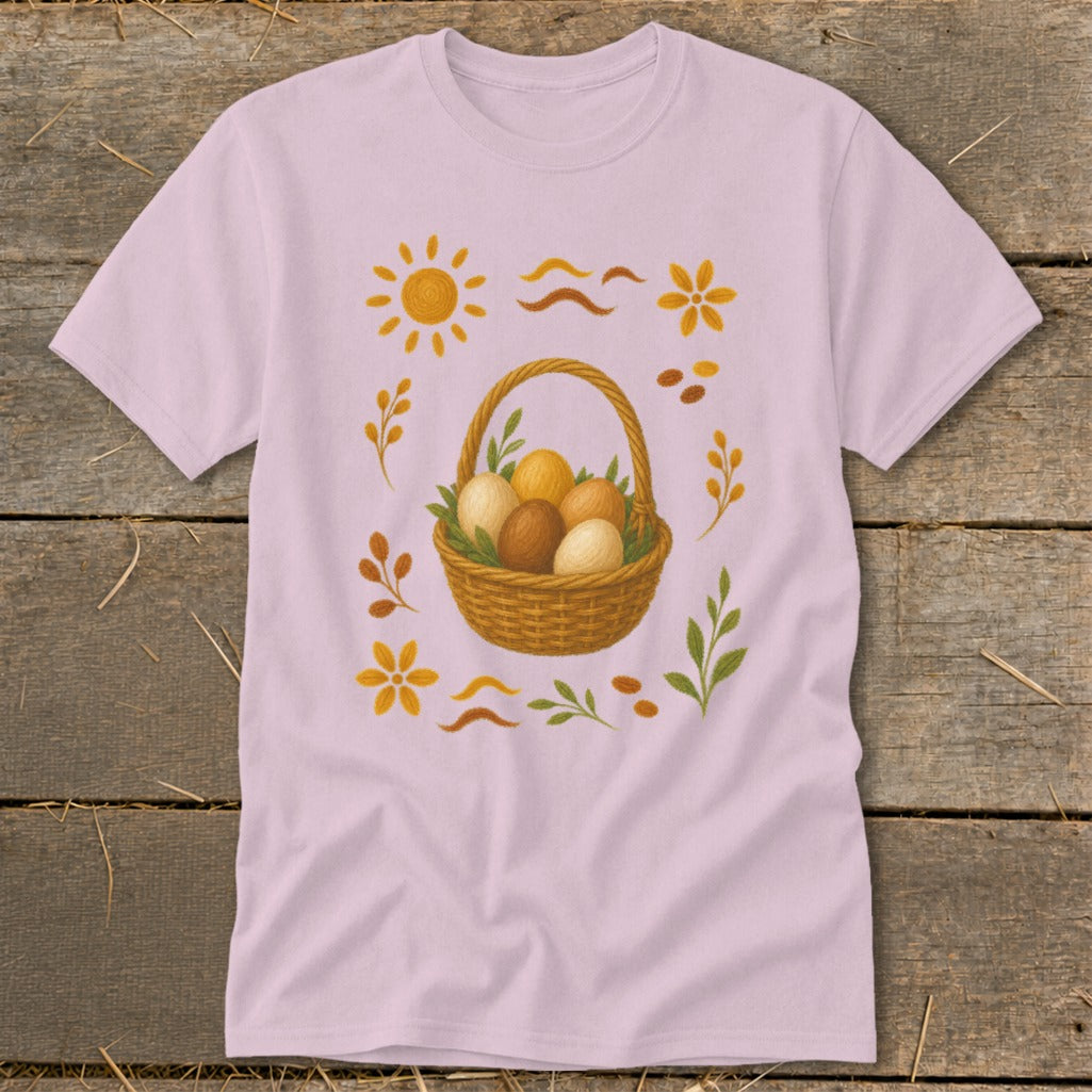 Pink t-shirt with a woven basket filled with eggs and decorative floral and sun motifs.