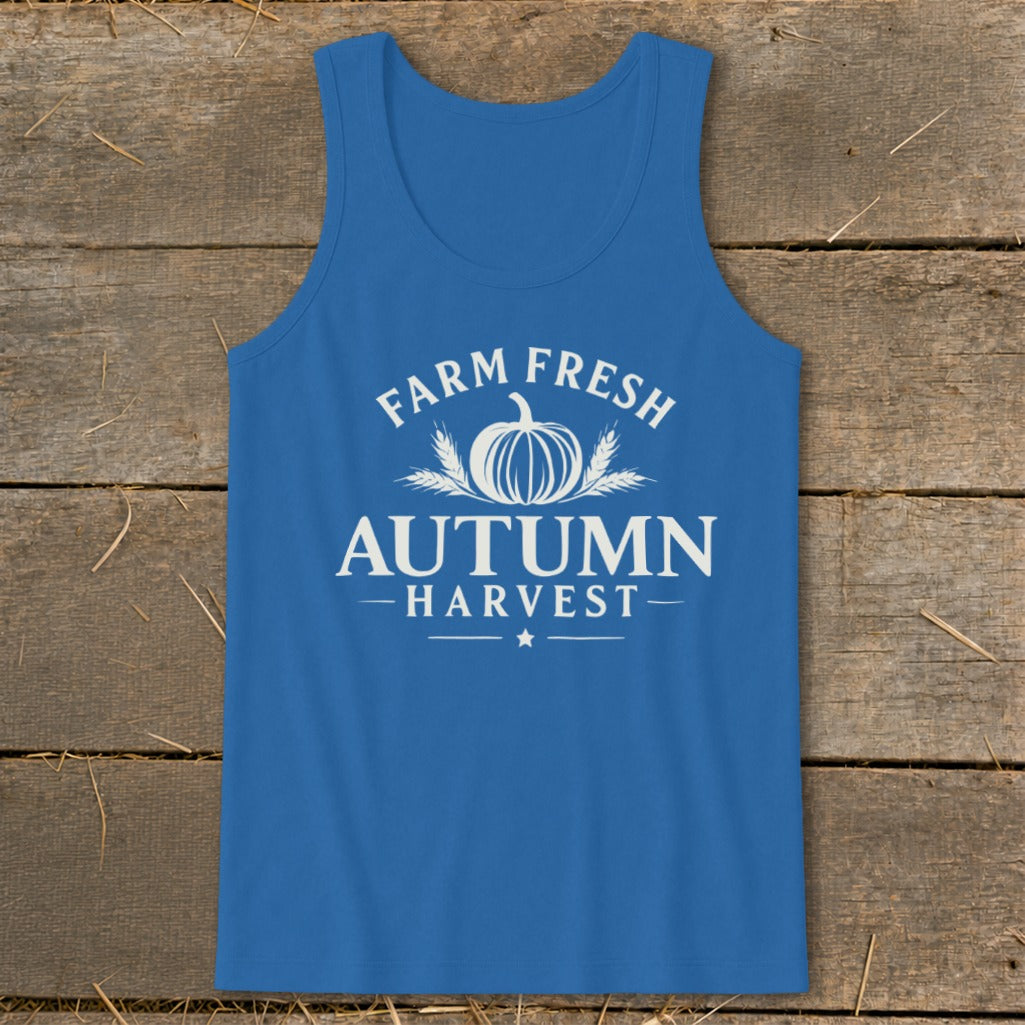 Blue tank top with white text "Farm Fresh Autumn Harvest" and a pumpkin graphic.