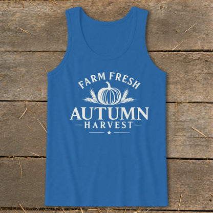 Blue tank top with white text "Farm Fresh Autumn Harvest" and a pumpkin graphic.
