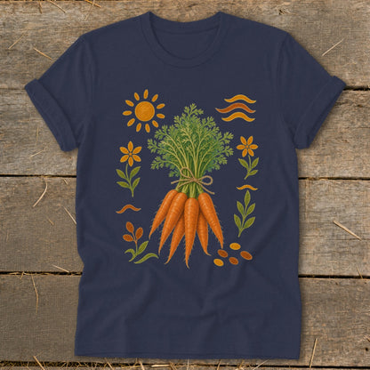 Navy t-shirt with a rustic illustration of a carrot bunch, sun, flowers, and leaves.