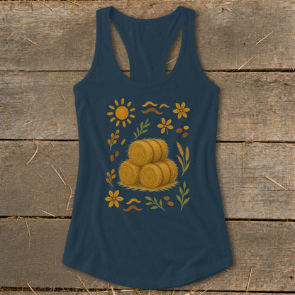 Navy tank top with a graphic of stacked hay bales, sun, flowers, and wheat.