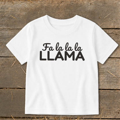 White t-shirt with black text "Fa la la la LLAMA".