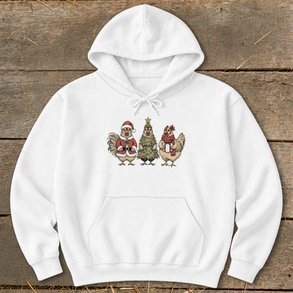 White hoodie with a Christmas graphic of three chickens and a decorated tree.