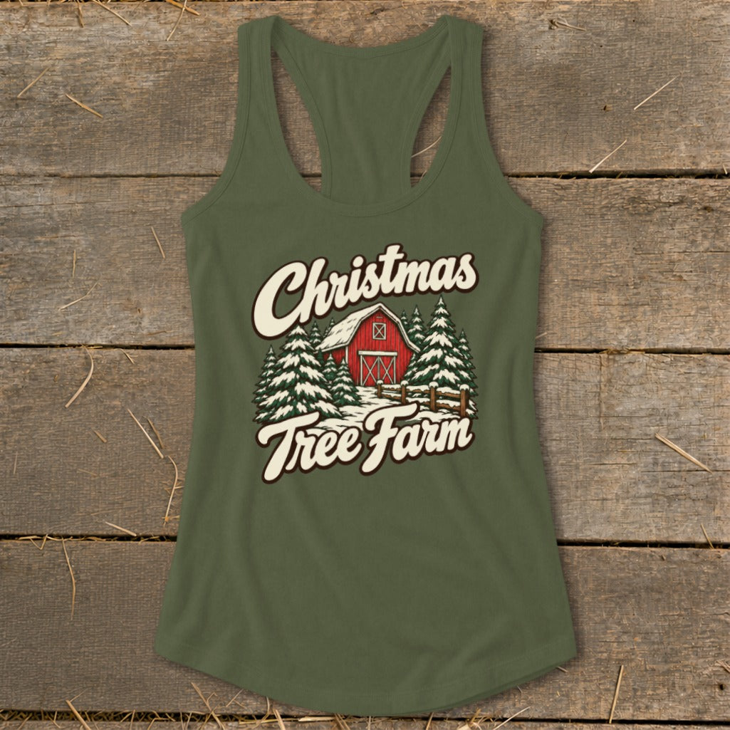 Olive green tank top with a "Christmas Tree Farm" graphic featuring a red barn and snow-covered trees.
