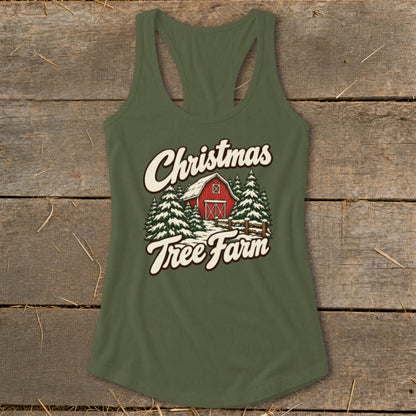 Olive green tank top with a "Christmas Tree Farm" graphic featuring a red barn and snow-covered trees.