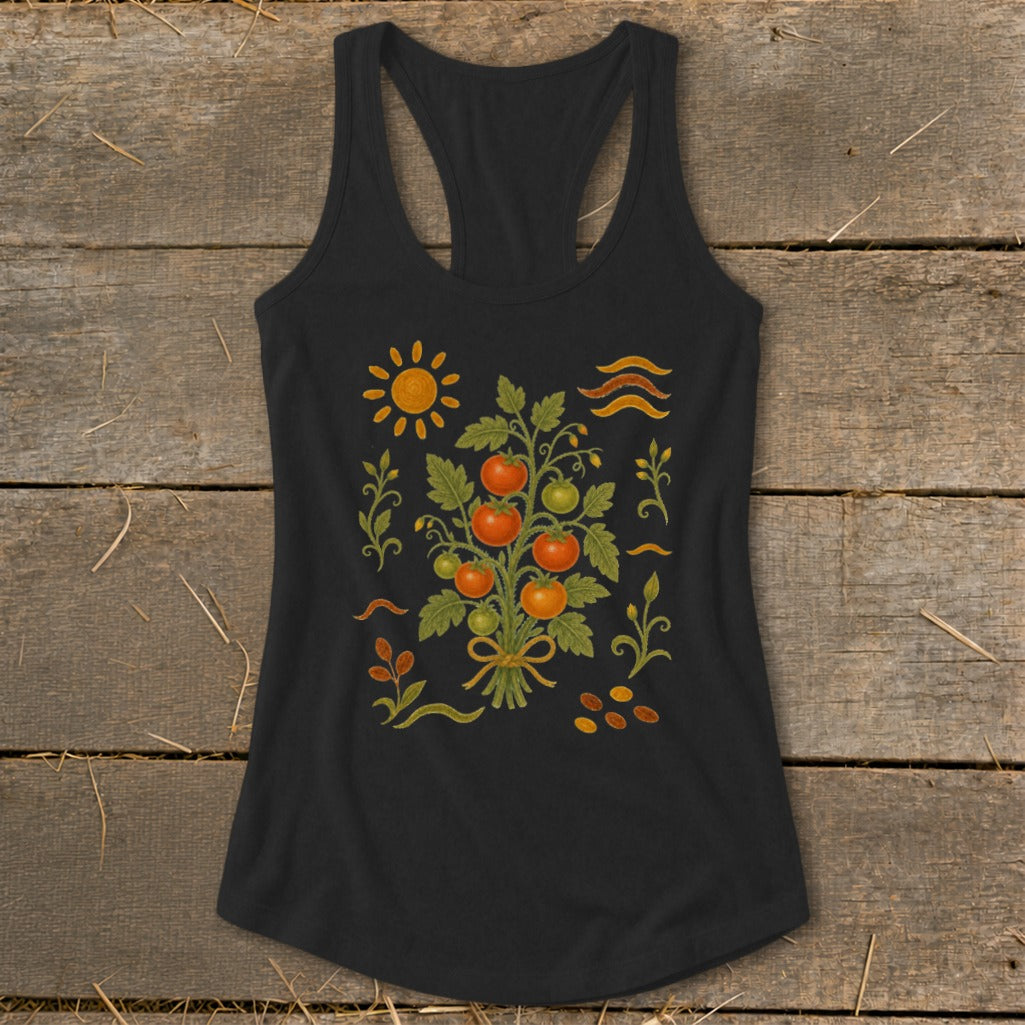 Black tank top with a watercolor illustration of tomatoes and gardening elements.