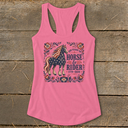 Pink tank top with a horse graphic and "Horse & Rider 250 Years 1776-2026".