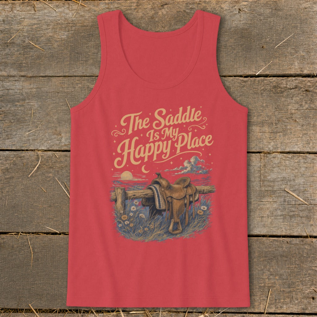 Red tank top with "The Saddle Is My Happy Place" text and saddle graphic.