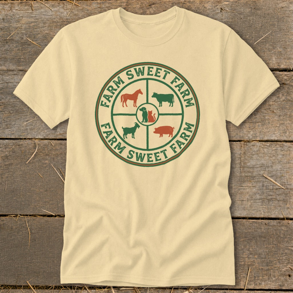 Cream t-shirt with circular farm animals and "Farm Sweet Farm" text graphic.