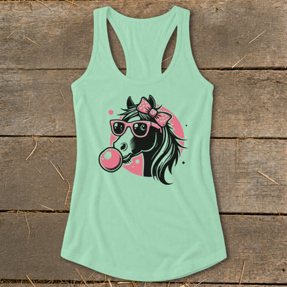 Mint green tank top with a horse graphic wearing sunglasses and chewing bubblegum.