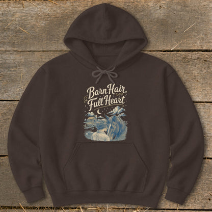 Brown hoodie with "Barn Hair, Full Heart" text and horse and rider graphic.