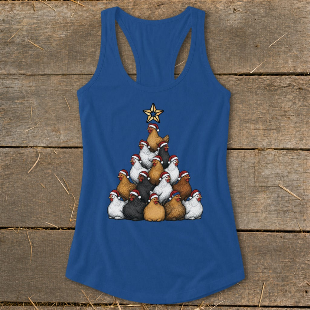 Blue tank top with a Christmas tree made of chickens wearing Santa hats.