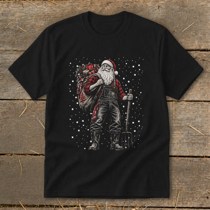 Farmer Santa with sack of gifts and pitchfork on a black t-shirt.
