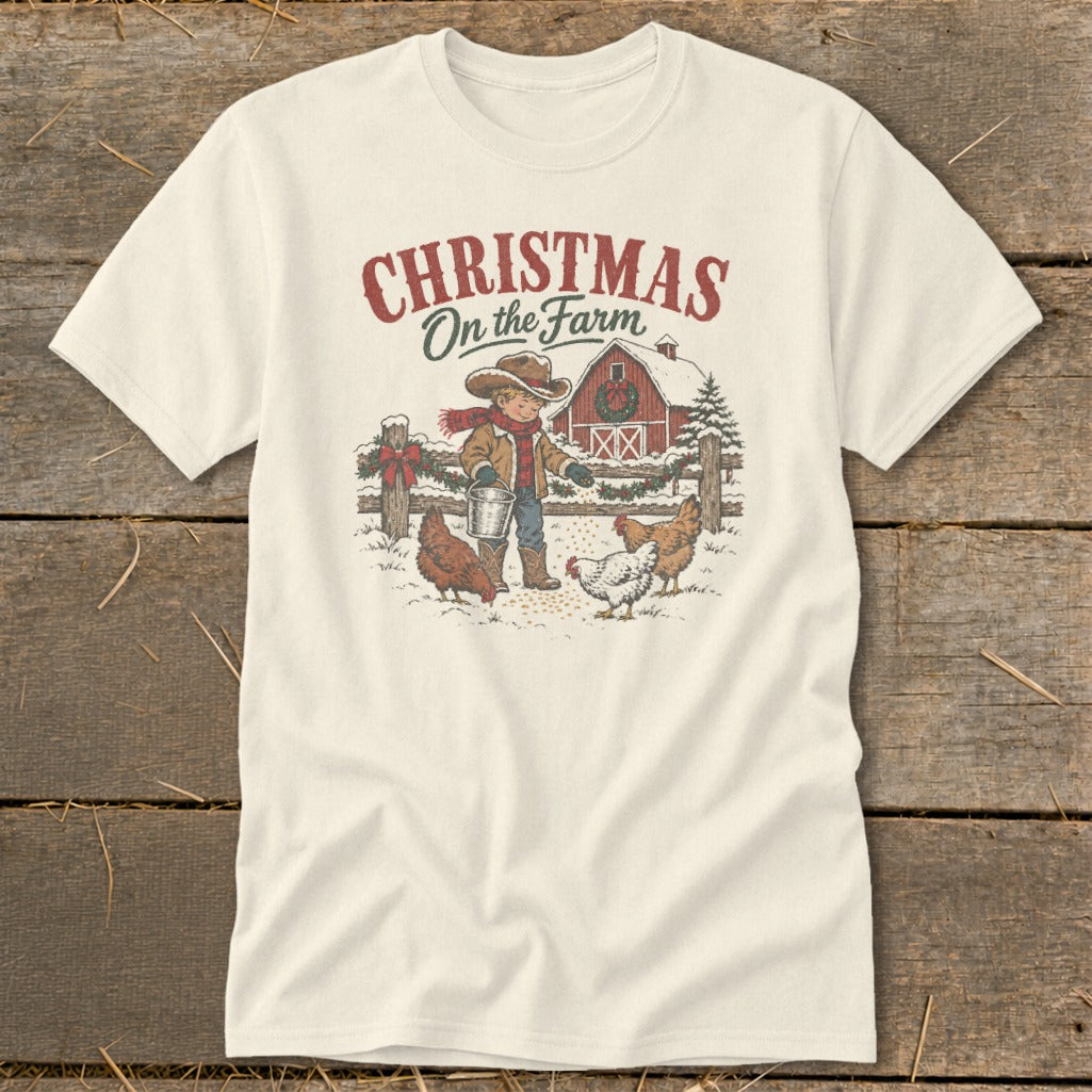 "Christmas On the Farm" graphic with boy feeding chickens in the snow.