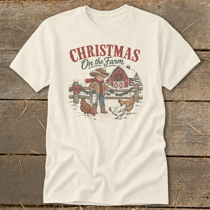 "Christmas On the Farm" graphic with boy feeding chickens in the snow.