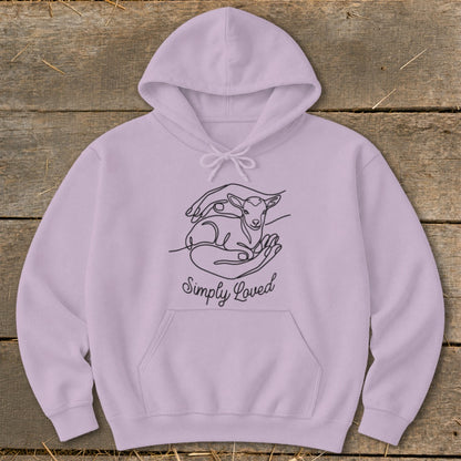 Lilac hoodie with line art of a lamb being held by hands, text "Simply Loved".