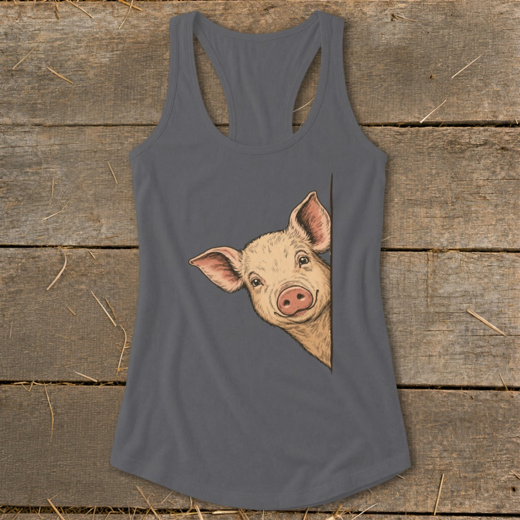 Gray racerback tank top with a drawing of a pig peeking from the side.