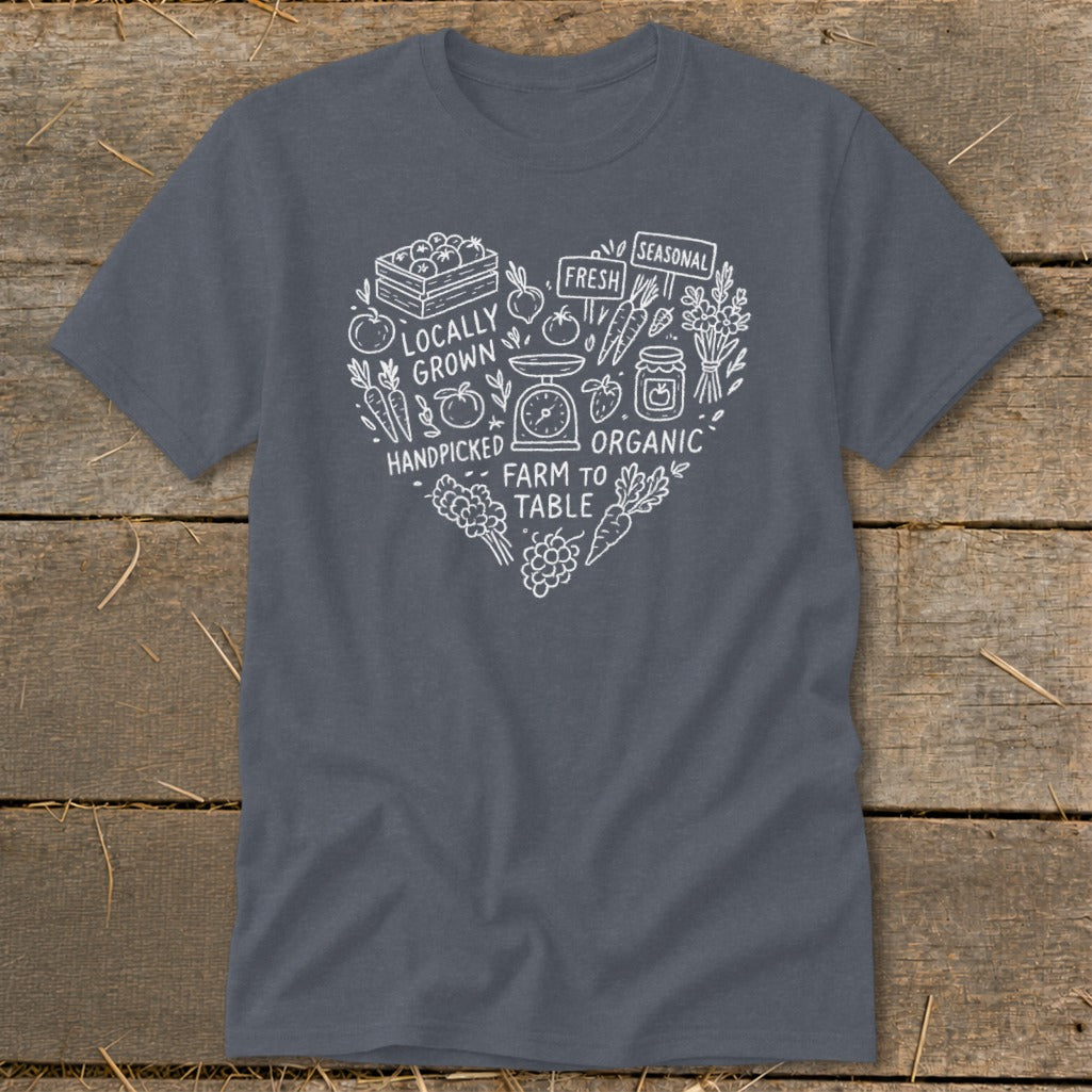 Gray t-shirt with a white heart design of farm fresh produce and text.