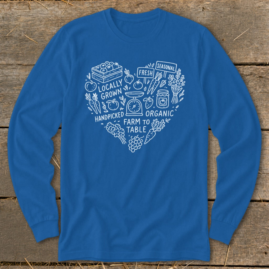 Blue long-sleeve shirt with white farm-to-table heart graphic and text.