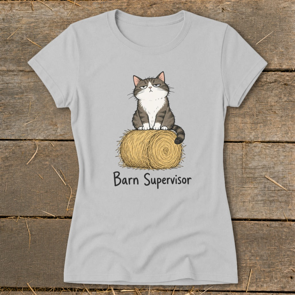 Grey t-shirt with cartoon cat sitting on a bale of hay, text reads "Barn Supervisor".