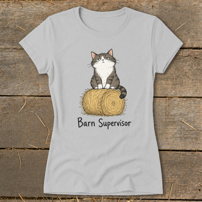 Grey t-shirt with cartoon cat sitting on a bale of hay, text reads "Barn Supervisor".