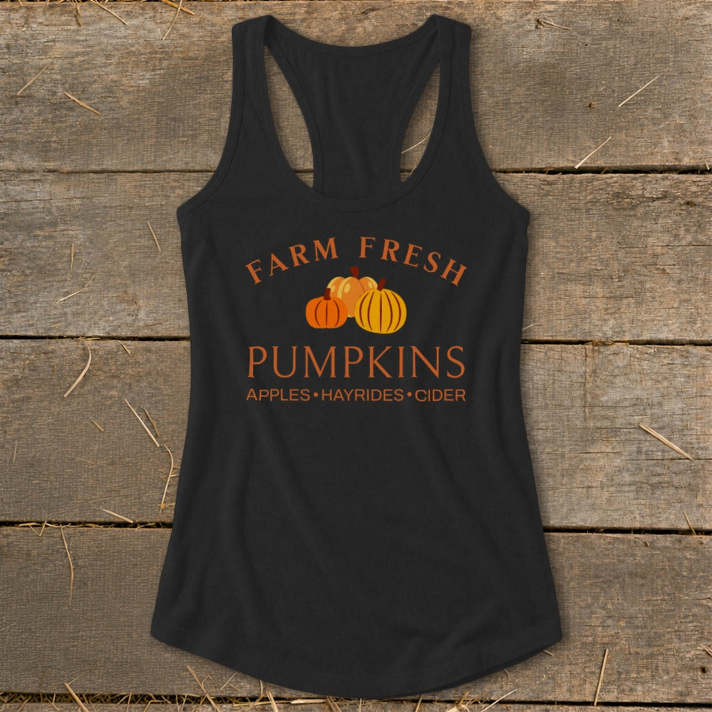 Black tank top with "Farm Fresh Pumpkins" and autumn icons.