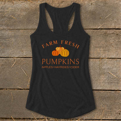 Black tank top with "Farm Fresh Pumpkins" and autumn icons.