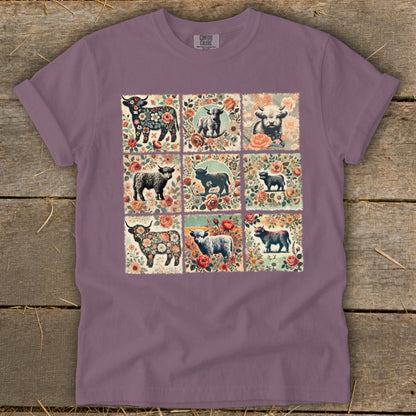 T-shirt with nine floral squares featuring Highland cows and sheep.