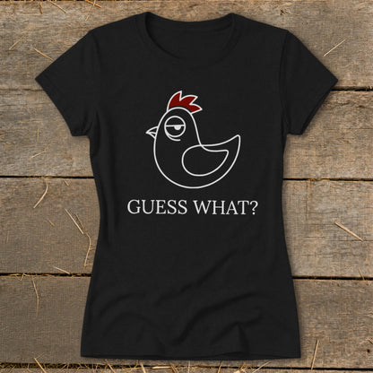 Black t-shirt with a cartoon chicken graphic and text "GUESS WHAT?".