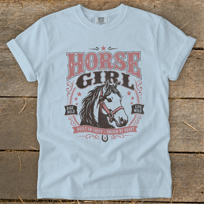 Light blue t-shirt with "HORSE GIRL" and horse graphic, "Ride Bold Live Wild."