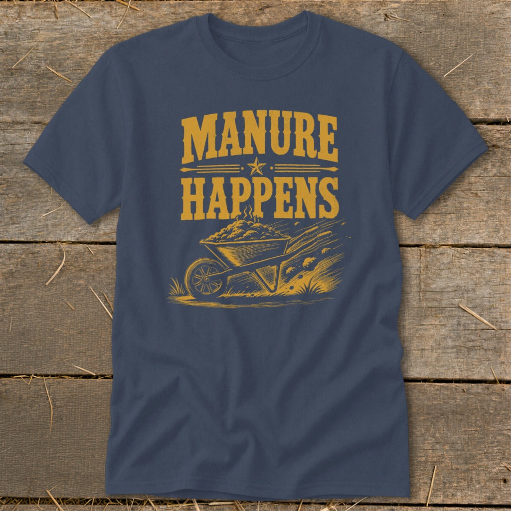 Navy t-shirt with yellow text "MANURE HAPPENS" and a wheelbarrow full of manure.