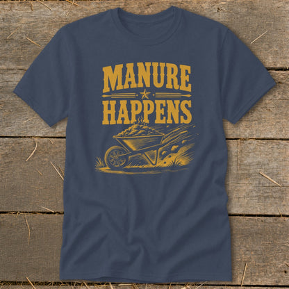 Navy t-shirt with yellow text "MANURE HAPPENS" and a wheelbarrow full of manure.