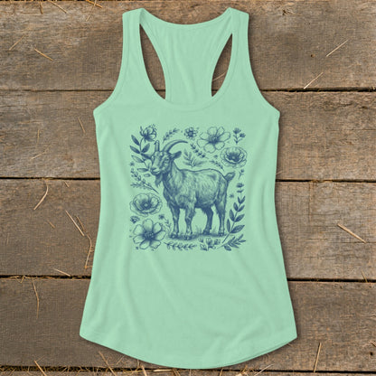 Mint green tank top with a blue sketch of a goat surrounded by flowers.